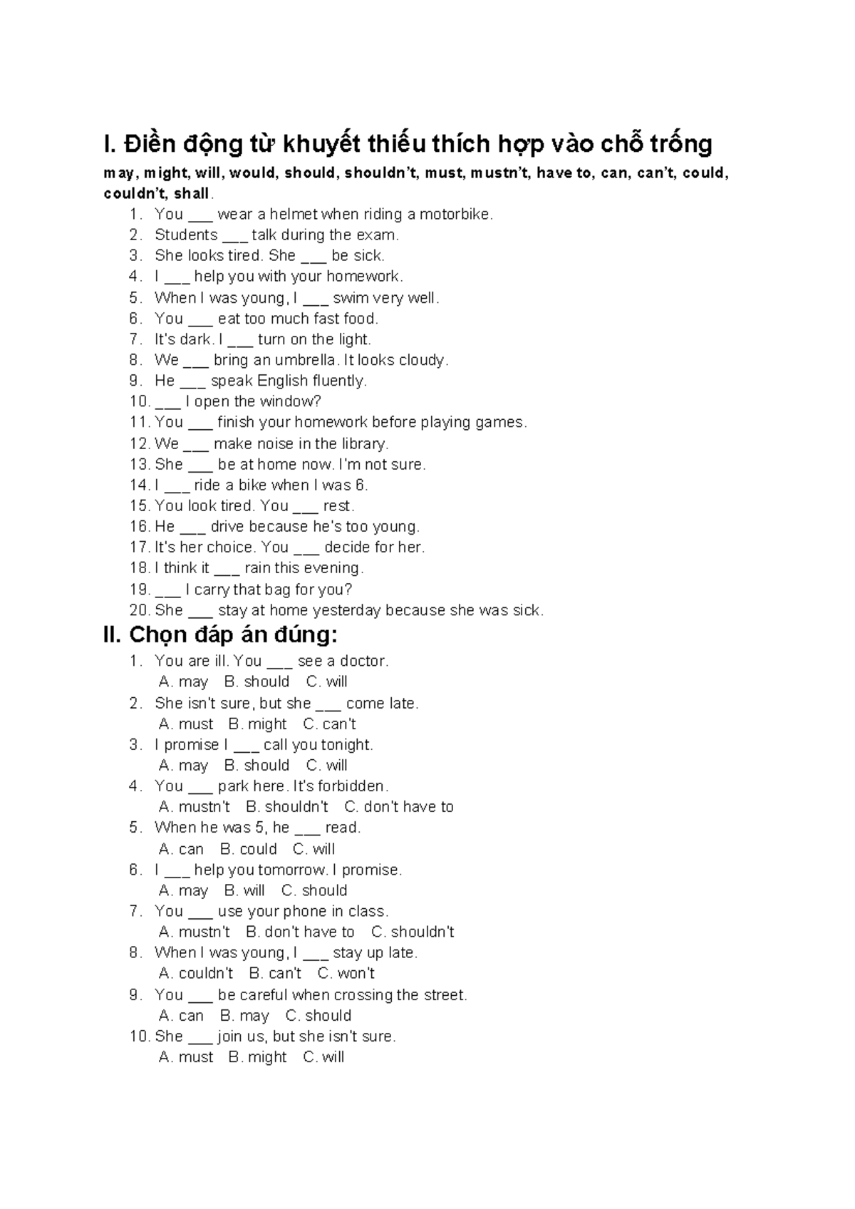Modal Verbs Exercise: Fill in the Blanks and Choose Answers - Studocu