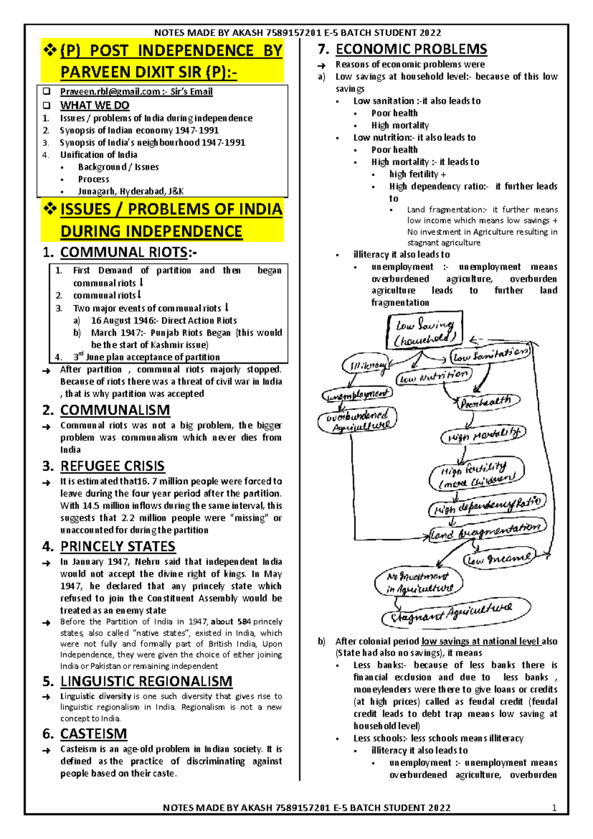 (P) Post-Independence Issues and Economic Synopsis - Notes by Akash ...
