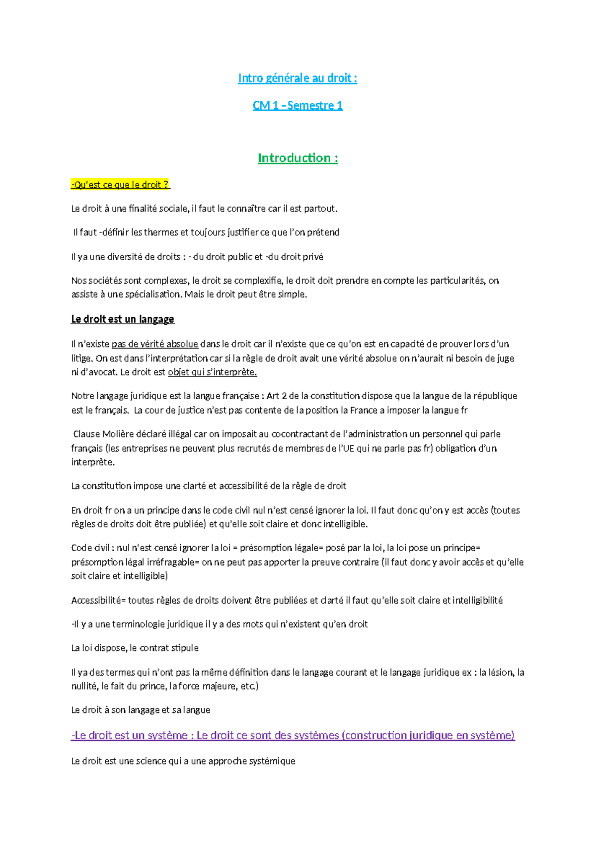 Introduction au Droit : CM 1 - Concepts Fondamentaux et Systèmes ...