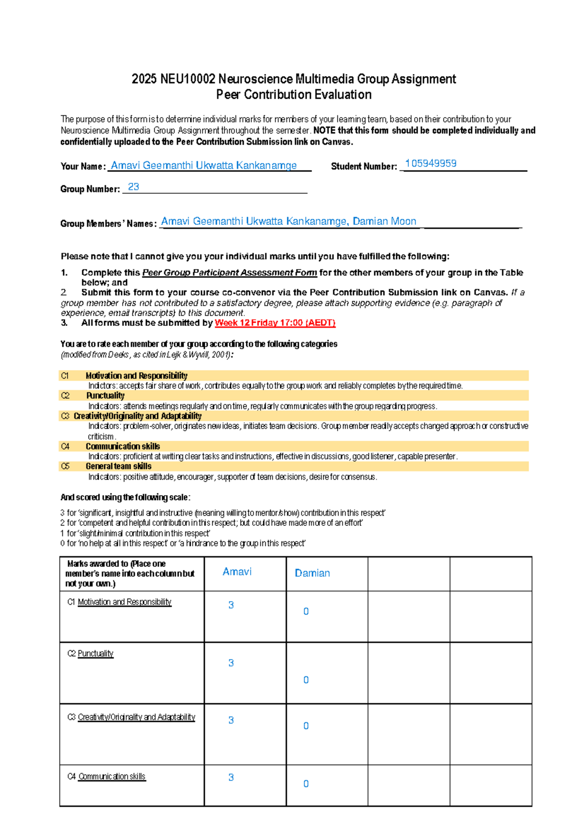 NEU10002 2025 Peer Contribution Evaluation for Group Assignment - Studocu