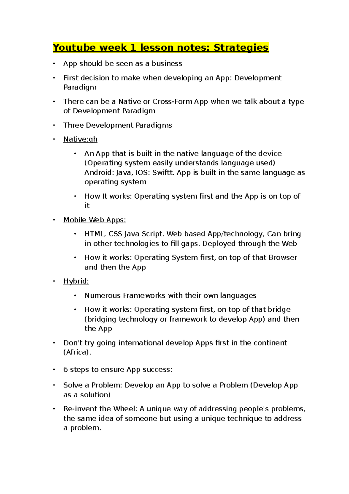 Youtube Week 1 Lesson Notes: App Development Strategies - Studocu