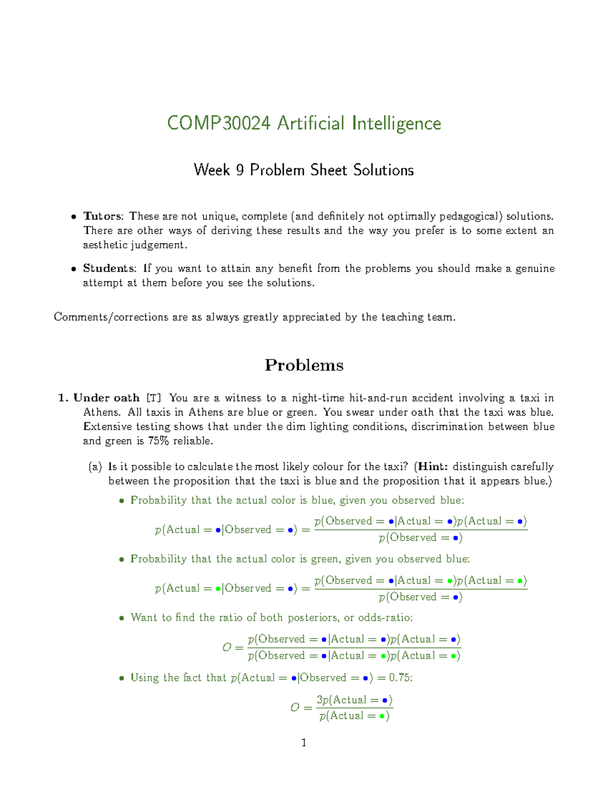 COMP30024 Artificial Intelligence Week 9 Problem Sheet Solutions - Studocu
