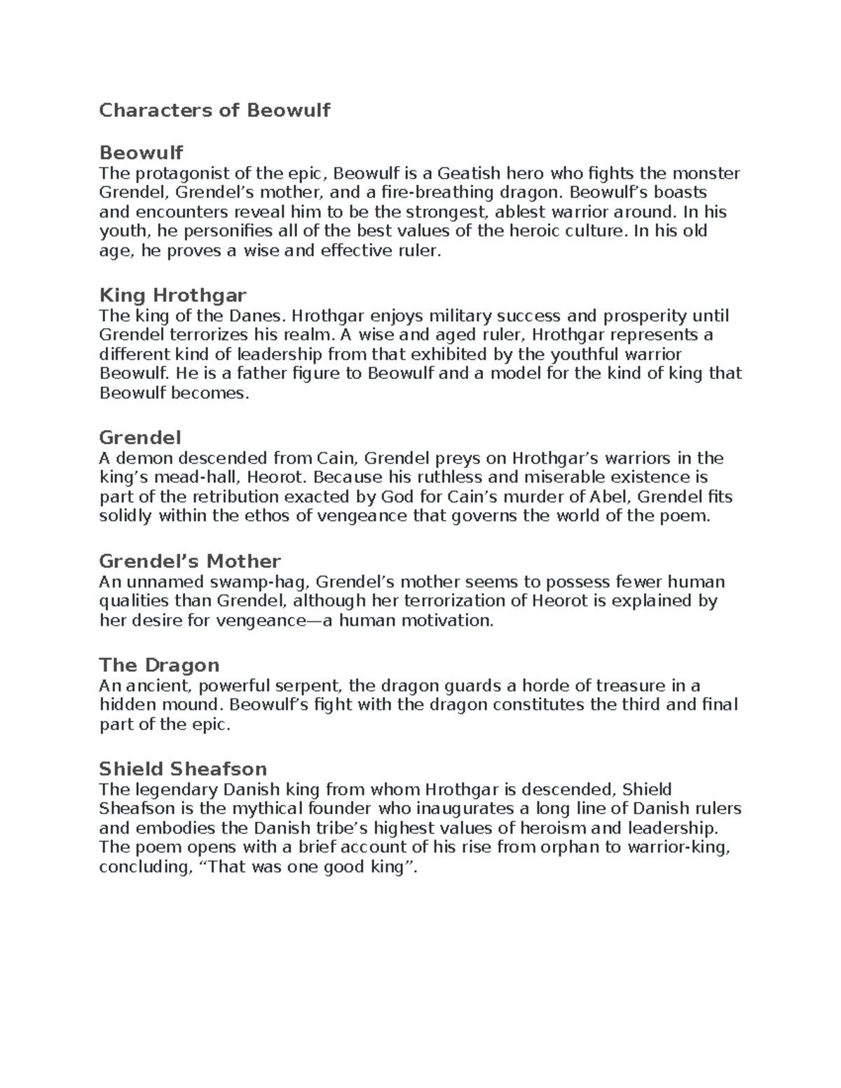 Characters of Beowulf (LIT 101) - Key Figures and Their Roles - Studocu