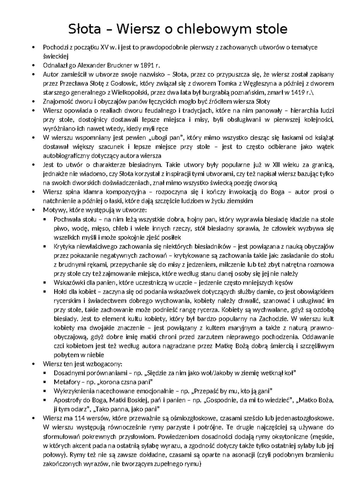 Słota - Analiza Wiersza o Chlebowym Stole XV w. - Studocu