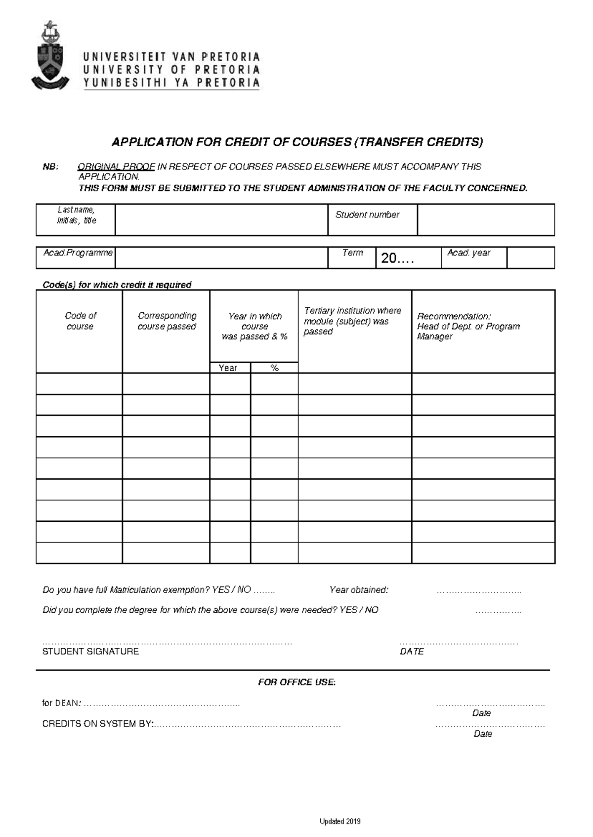 Application for Transfer Credits - Course Credit Request Form - Studocu