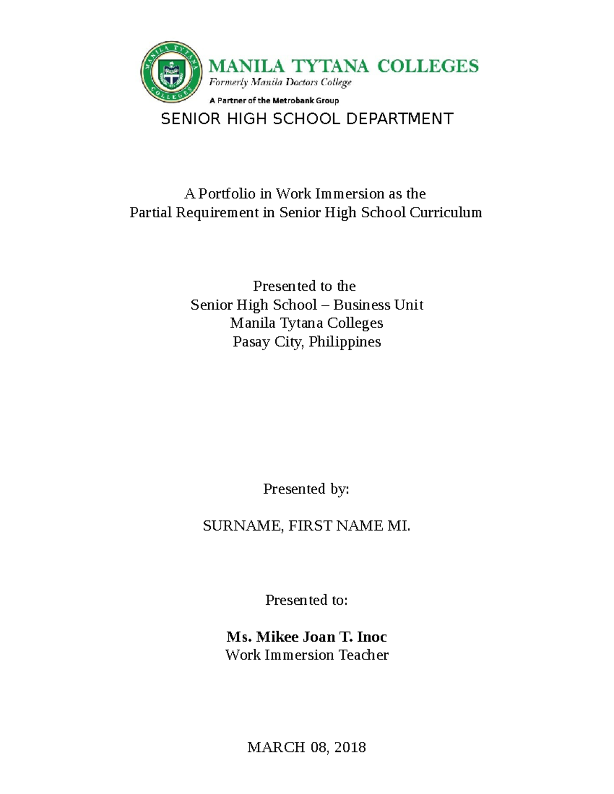 Work Immersion Portfolio for Senior High School - Business Unit - Studocu