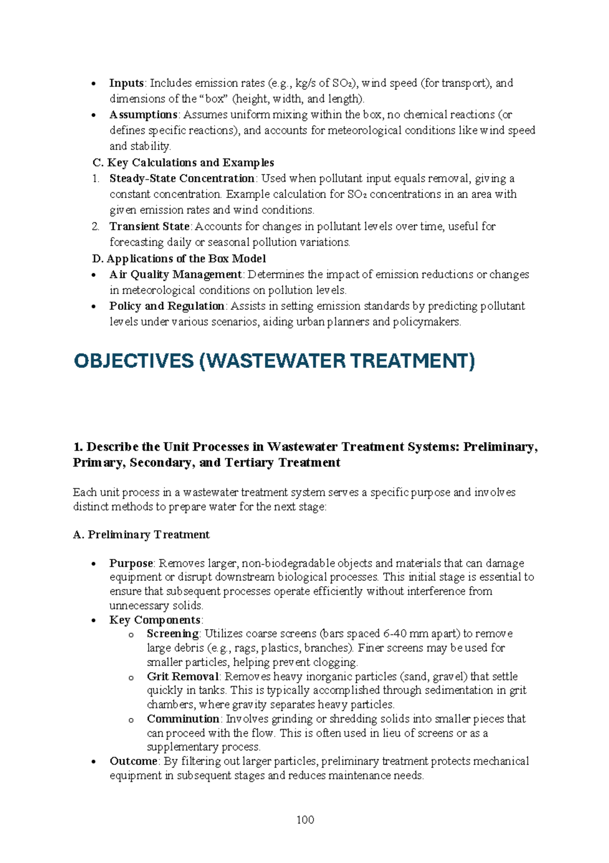 Enviro Class Notes on Wastewater Treatment Processes and Calculations ...