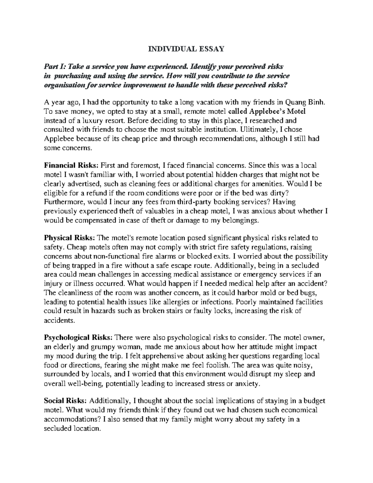 Midterm Individual Essay on Service Experience and Improvement ...
