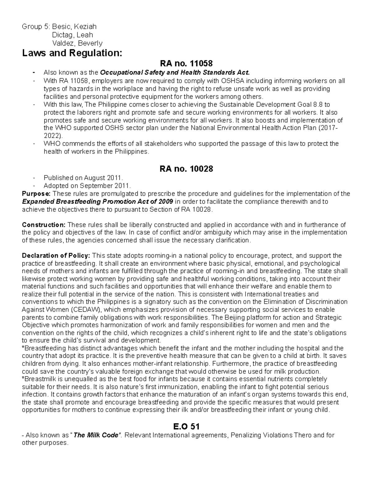 Laws and Regulations on Occupational Safety and Health Standards (RA ...