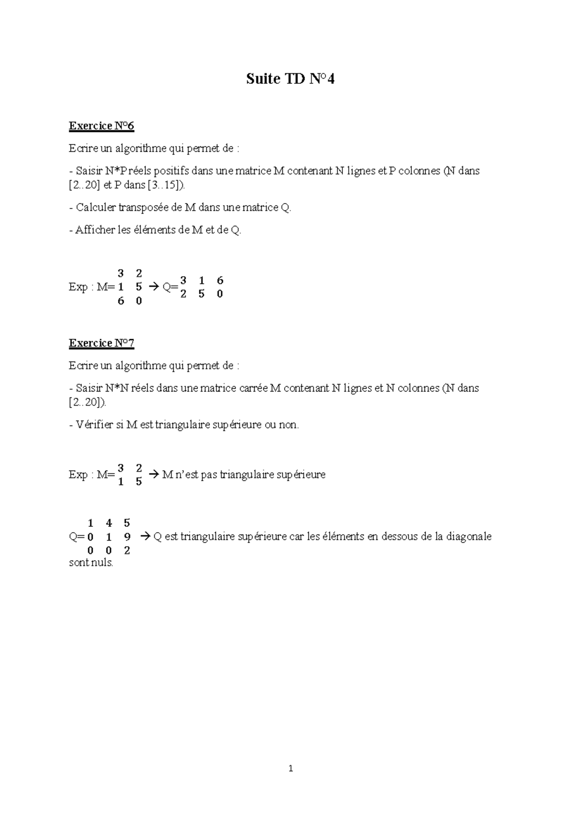 Td4 - Td4 algorithme - 1 Suite TD N° Exercice N° Ecrire un algorithme ...