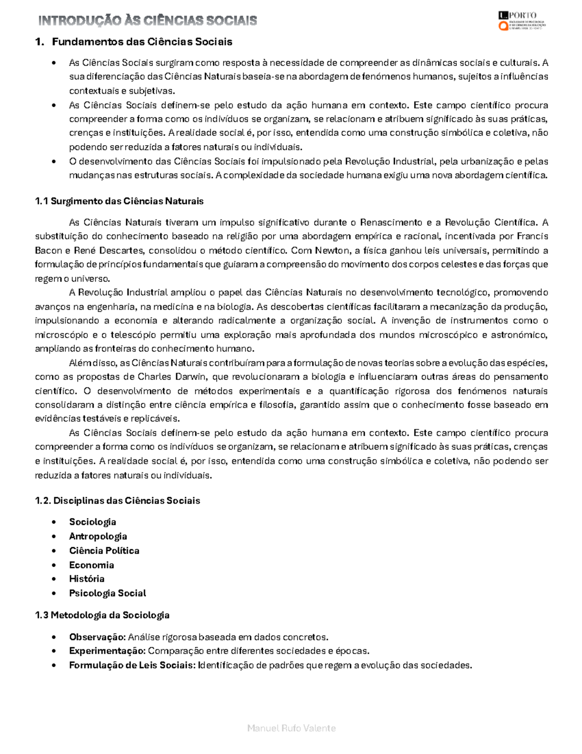 Resumo das Ciências Sociais - ICS 1.0 - Manuel Rufo Valente - Studocu