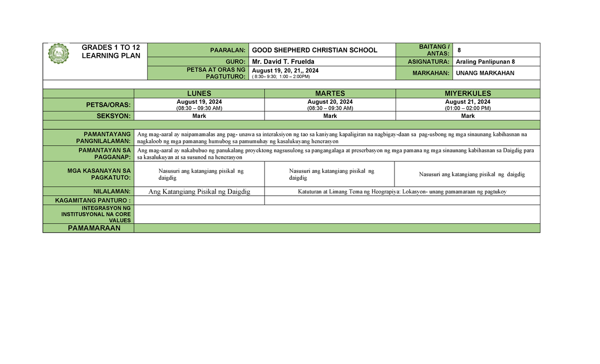 Lesson Plan for Grade 8 Araling Panlipunan Q1W3 - Studocu