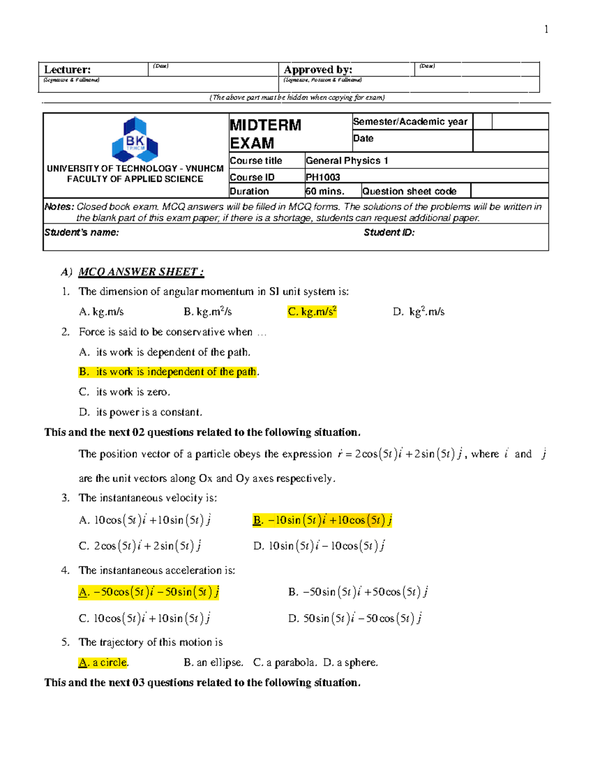 Midterm Exam Questions for General Physics 1 (Course ID: PH) - Studocu