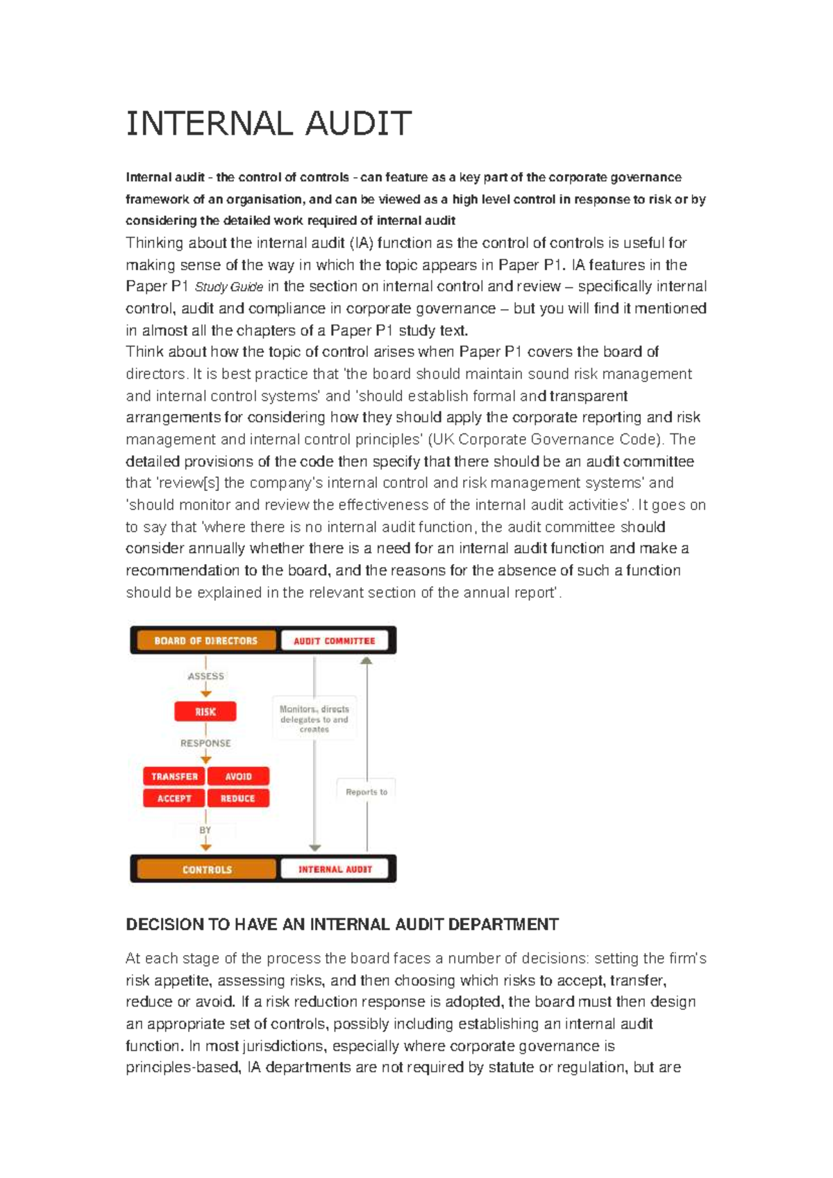 Paper P1 Internal Audit: Control of Controls in Corporate Governance ...