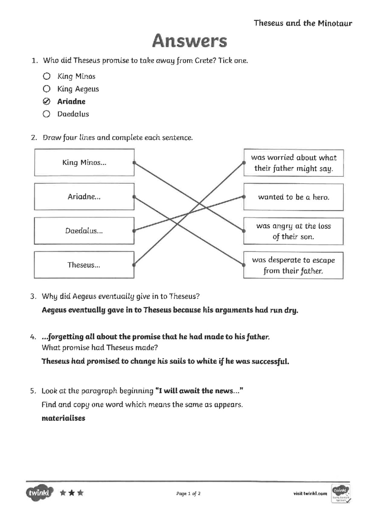Theseus &amp; Minotaur Answers 3 - Theseus and the Minotaur Answers 1. Who ...