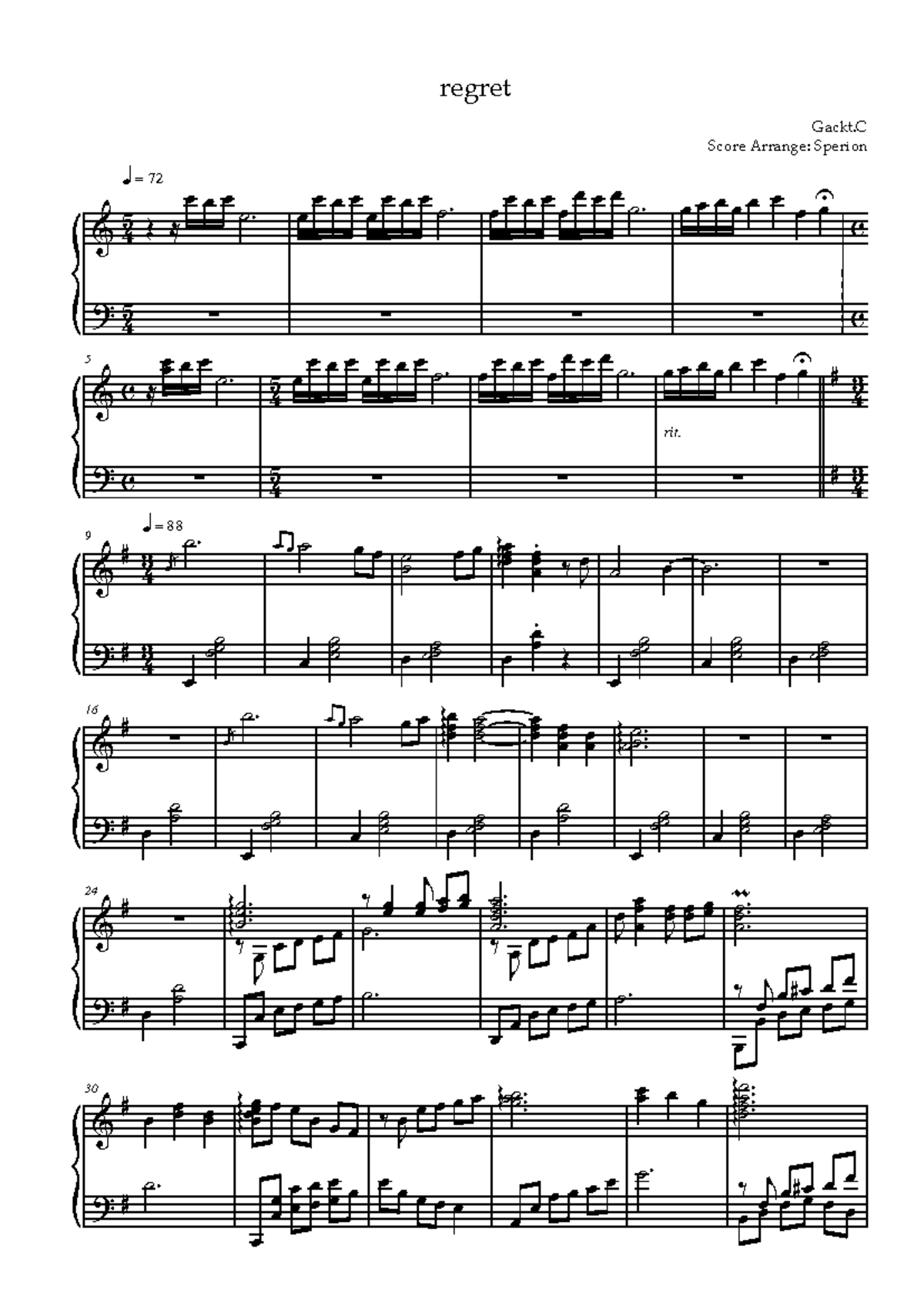 Sheet Music Malice Mizer S Regret For Piano By Gackt Kami Studocu