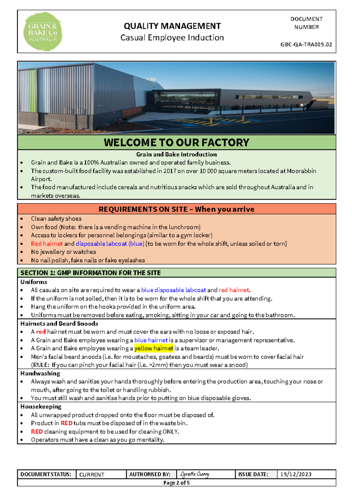 GBC-QA-TRA009.02 Casual Employee Induction - QUALITY MANAGEMENT Casual ...