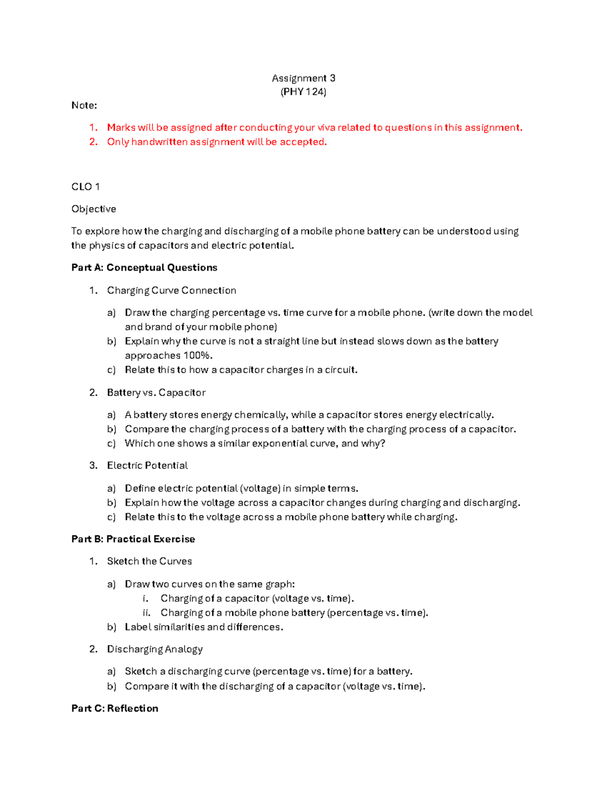 PHY 124 Assignment 3: Exploring Battery Charging & Capacitors - Studocu
