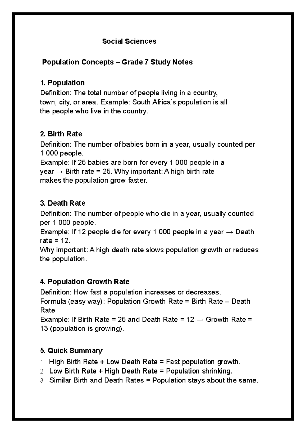 Grade 7 Social Sciences Population Concepts Study Notes - Studocu