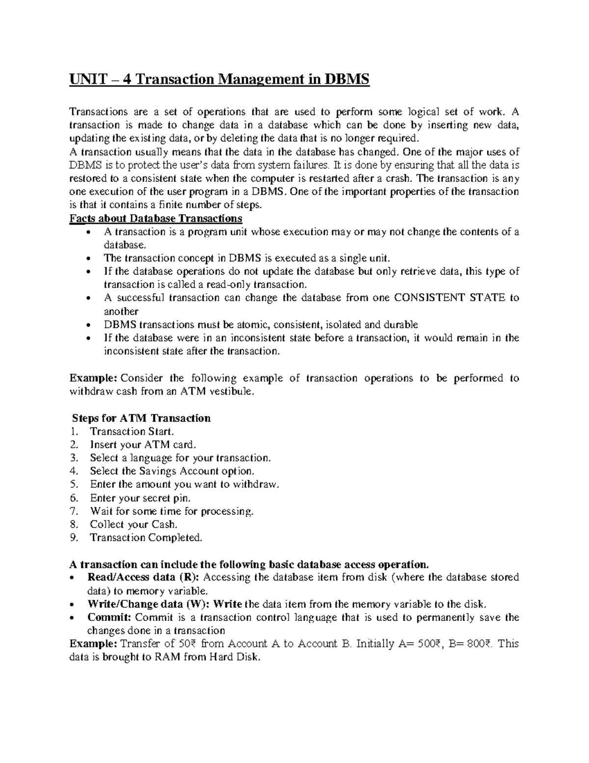 DBMS 101: Unit 4 - Transaction Management Notes - Studocu