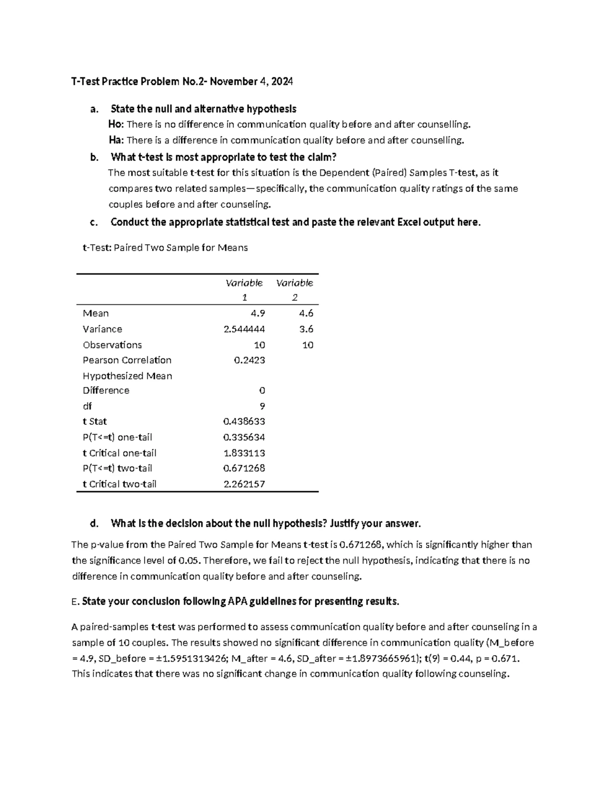 T-Test Practice Problem No.1- November 4, 2024 - State the null and ...