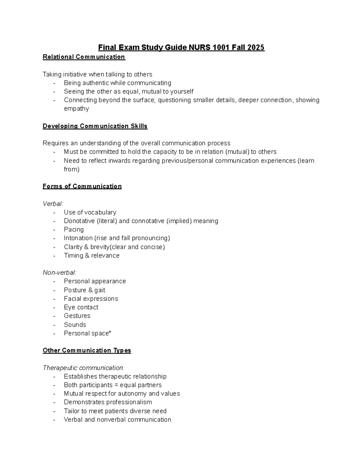 Final Exam Study Guide for NURS 1001: Relational Communication Insights ...