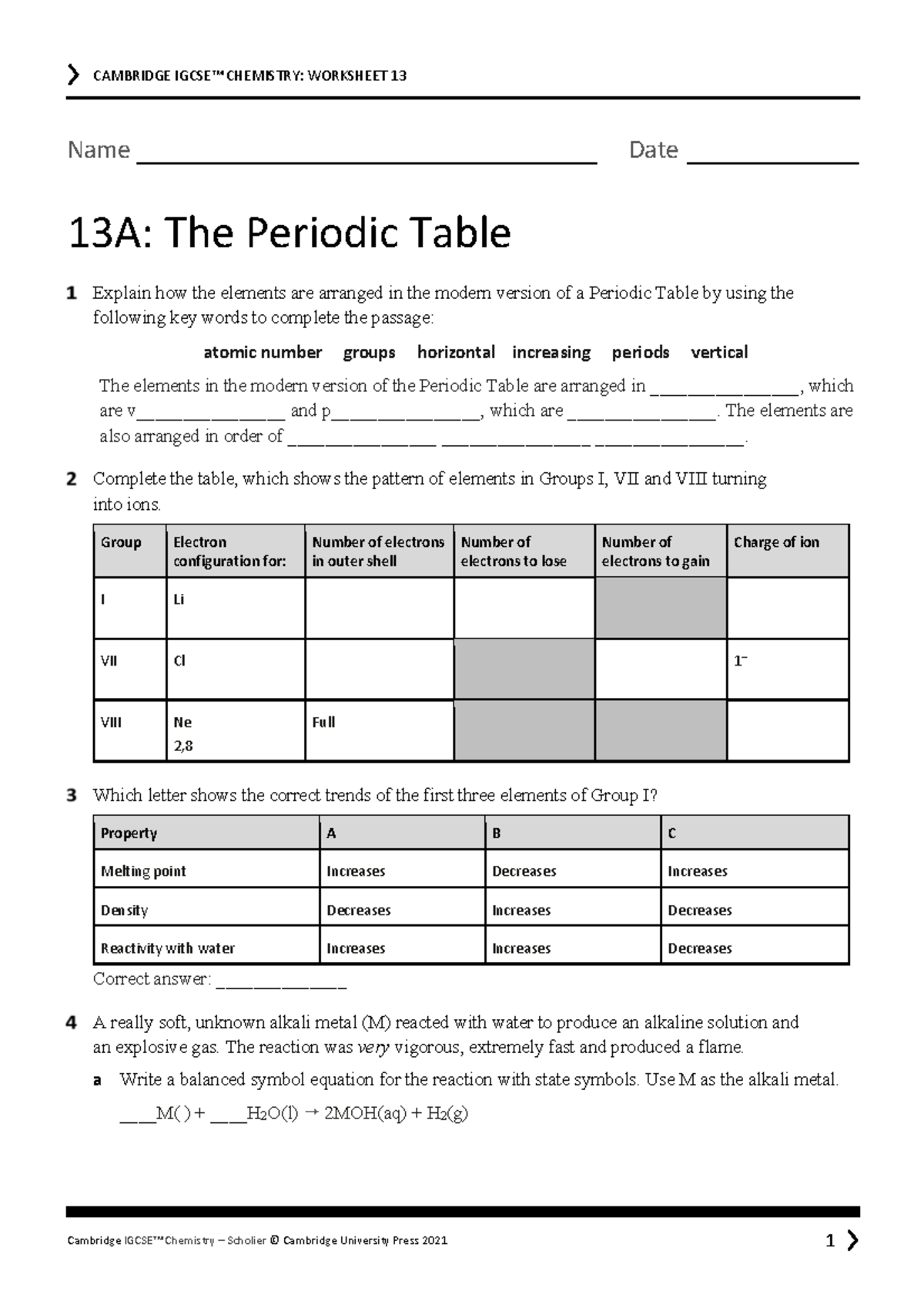 CAMBRIDGE CHEMISTRY: WORKSHEET 13A - The Periodic Table Analysis - Studocu
