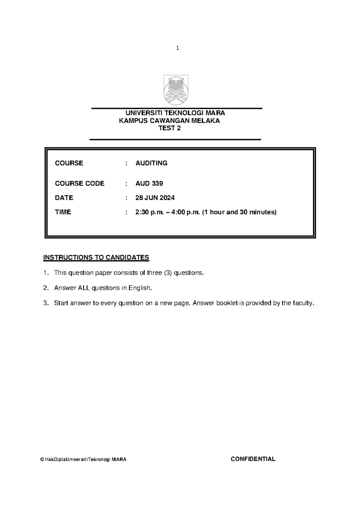 AUD339 Test 2: Auditing Exam Questions & Guidelines - June 2024 - Studocu