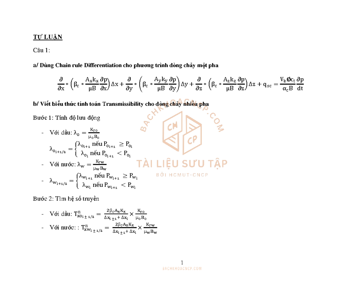 Tài Liệu Tổng Hợp Tự Luận Về Dòng Chảy Nhiều Pha (MATH 101) - Studocu
