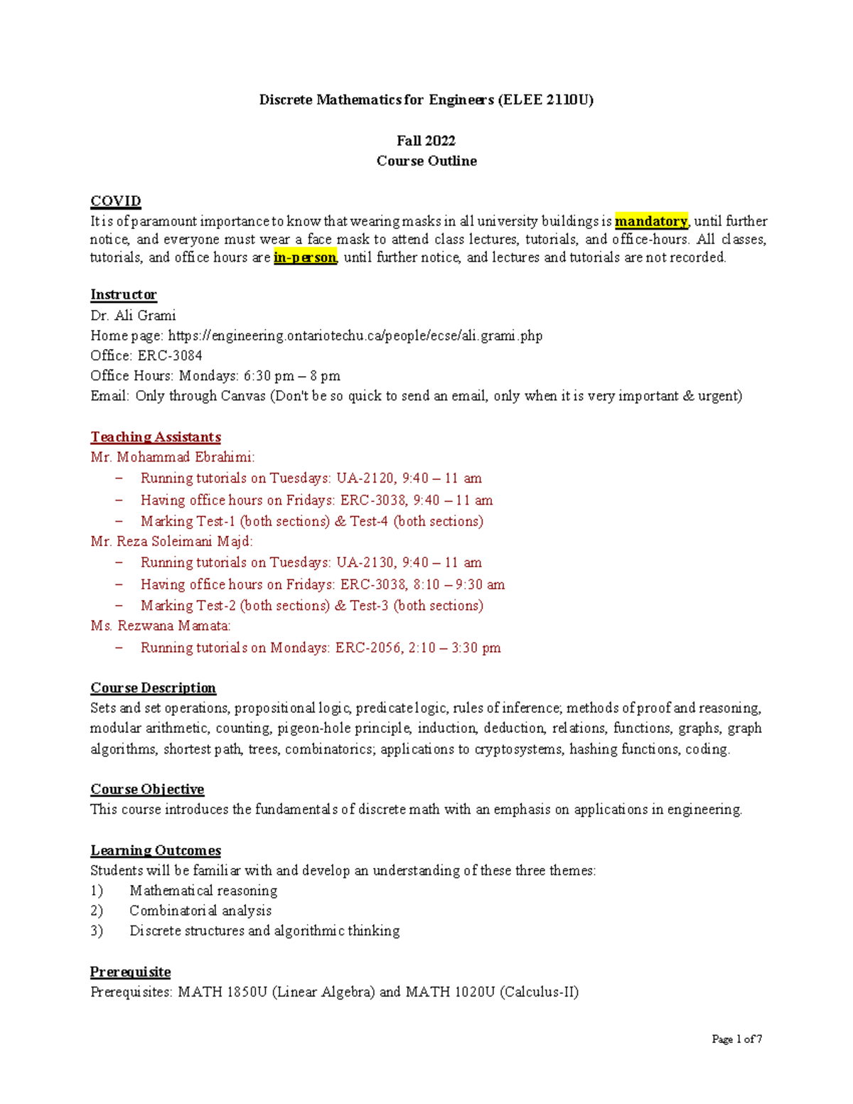ELEE 2110U Discrete Math Course Outline - Fall 2022 - Studocu