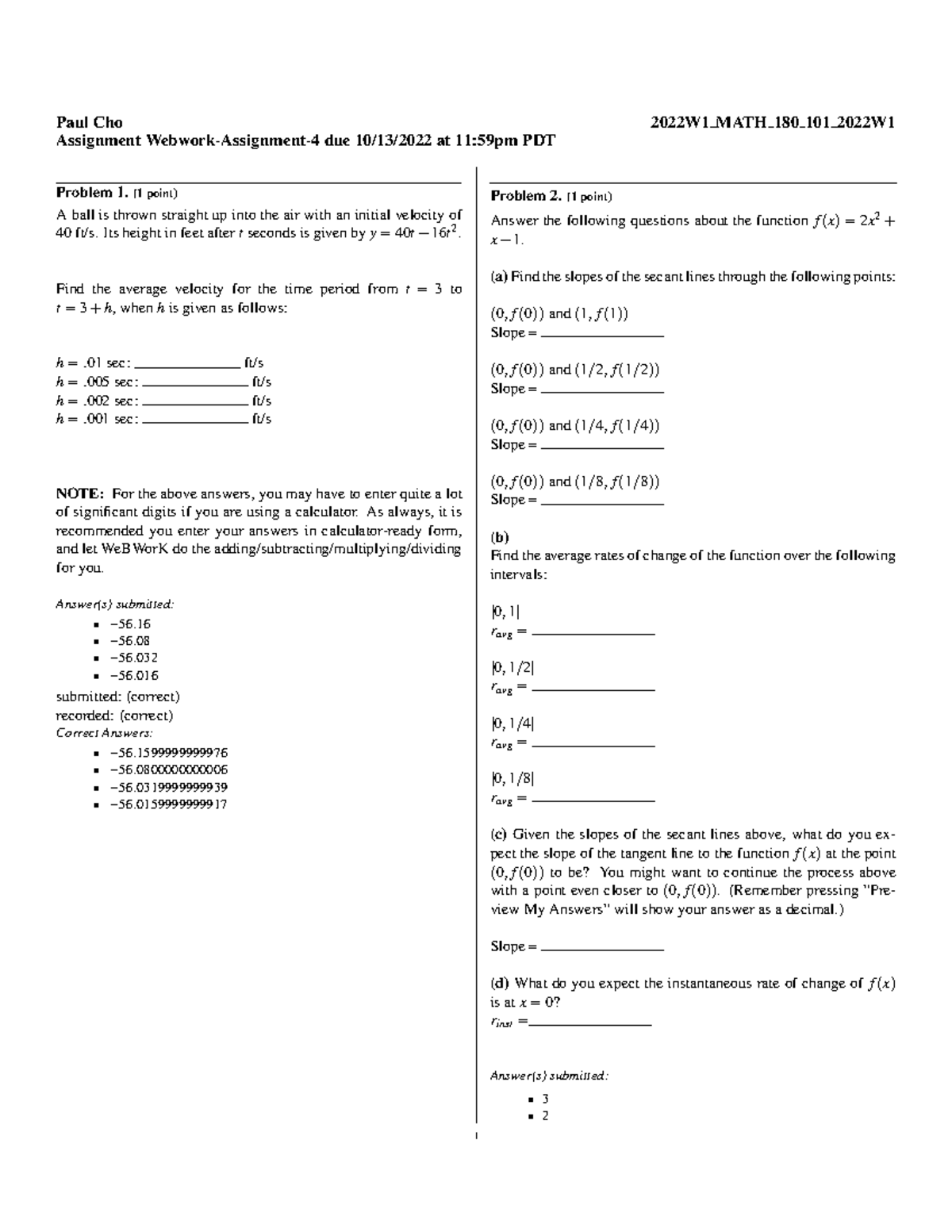 2022W1 MATH 180 101 Assignment: Functions and Derivatives Analysis ...