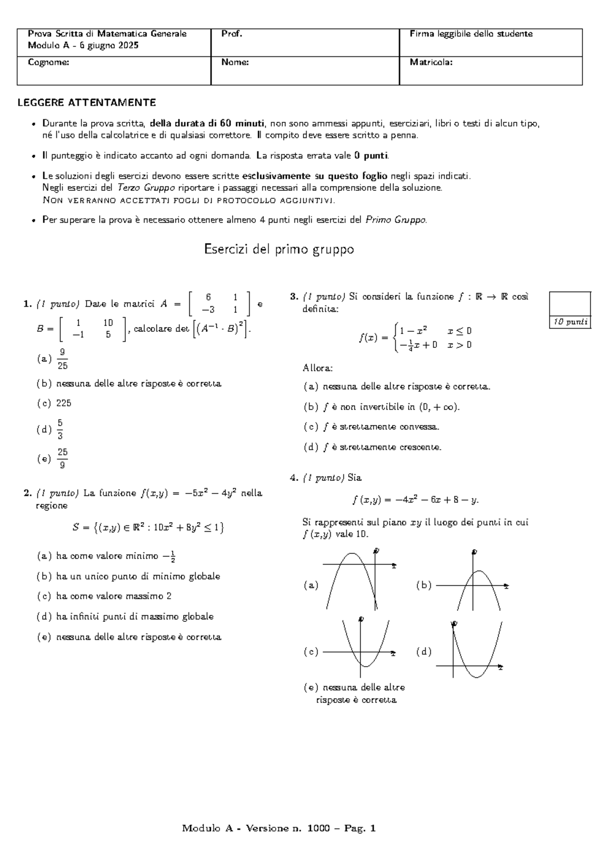 Prova Scritta di Matematica Generale Modulo A - 6 Giugno 2025 - Studocu