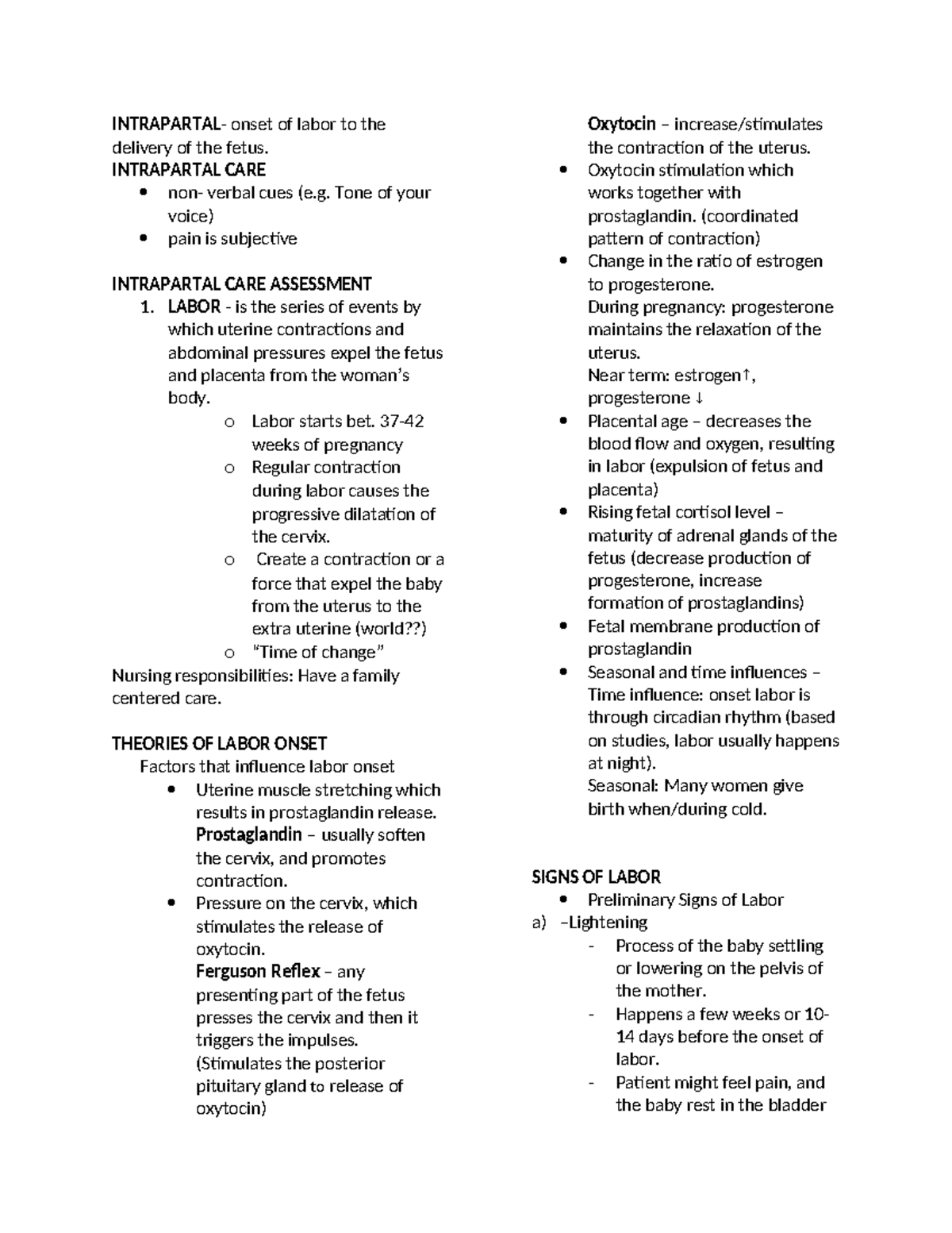 Intrapartal Care: Labor Onset to Delivery - Lecture Notes MCN - Studocu