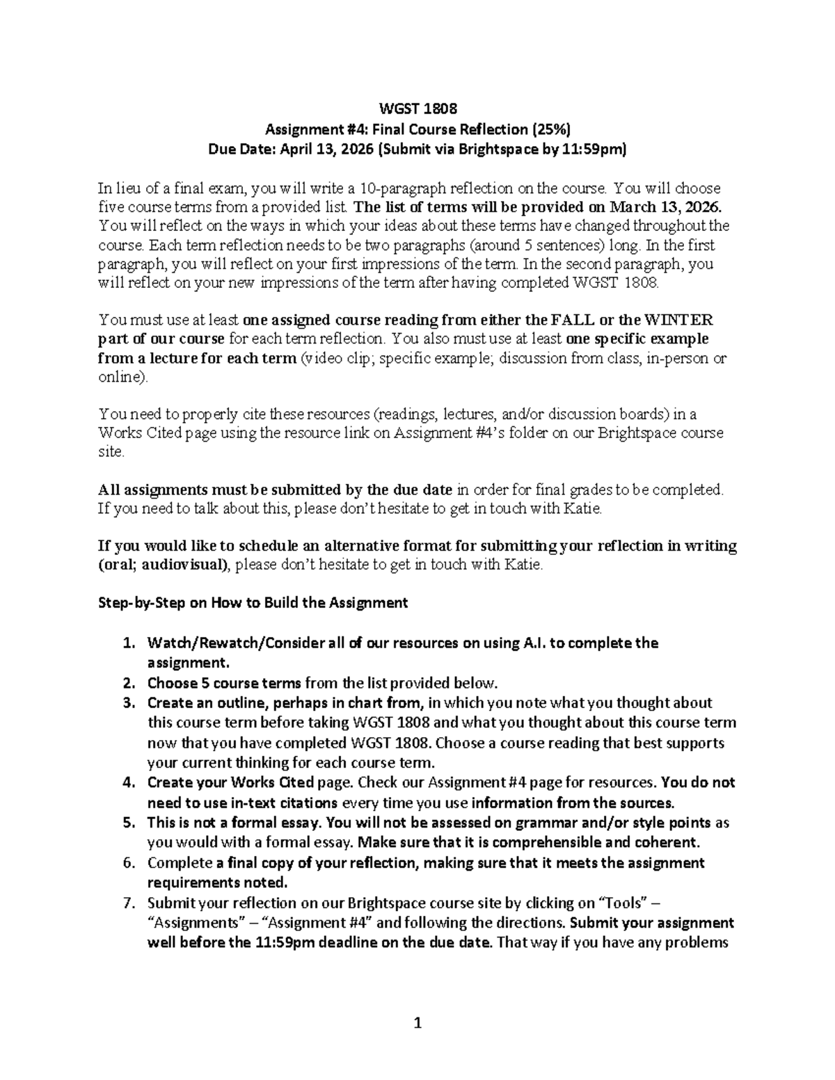 WGST 1808 Final Course Reflection Assignment Guidelines - Studocu