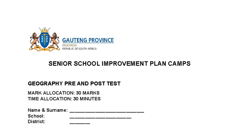 Oct 2025 SSIP CAMP Geography Post Test - Mark Allocation: 30 Marks ...