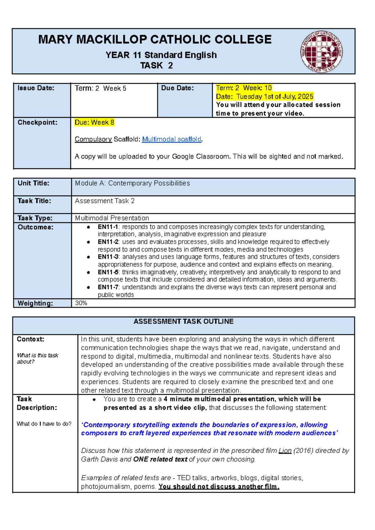 Year 11 Standard English Task 2: Multimodal Presentation on ...
