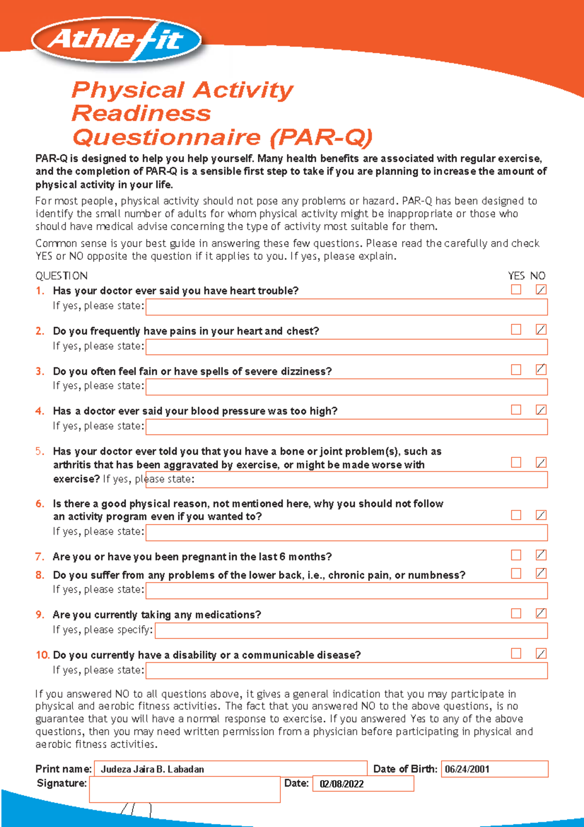 PAR-Q Form - Lecture Notes for Physical Activity Readiness - Studocu