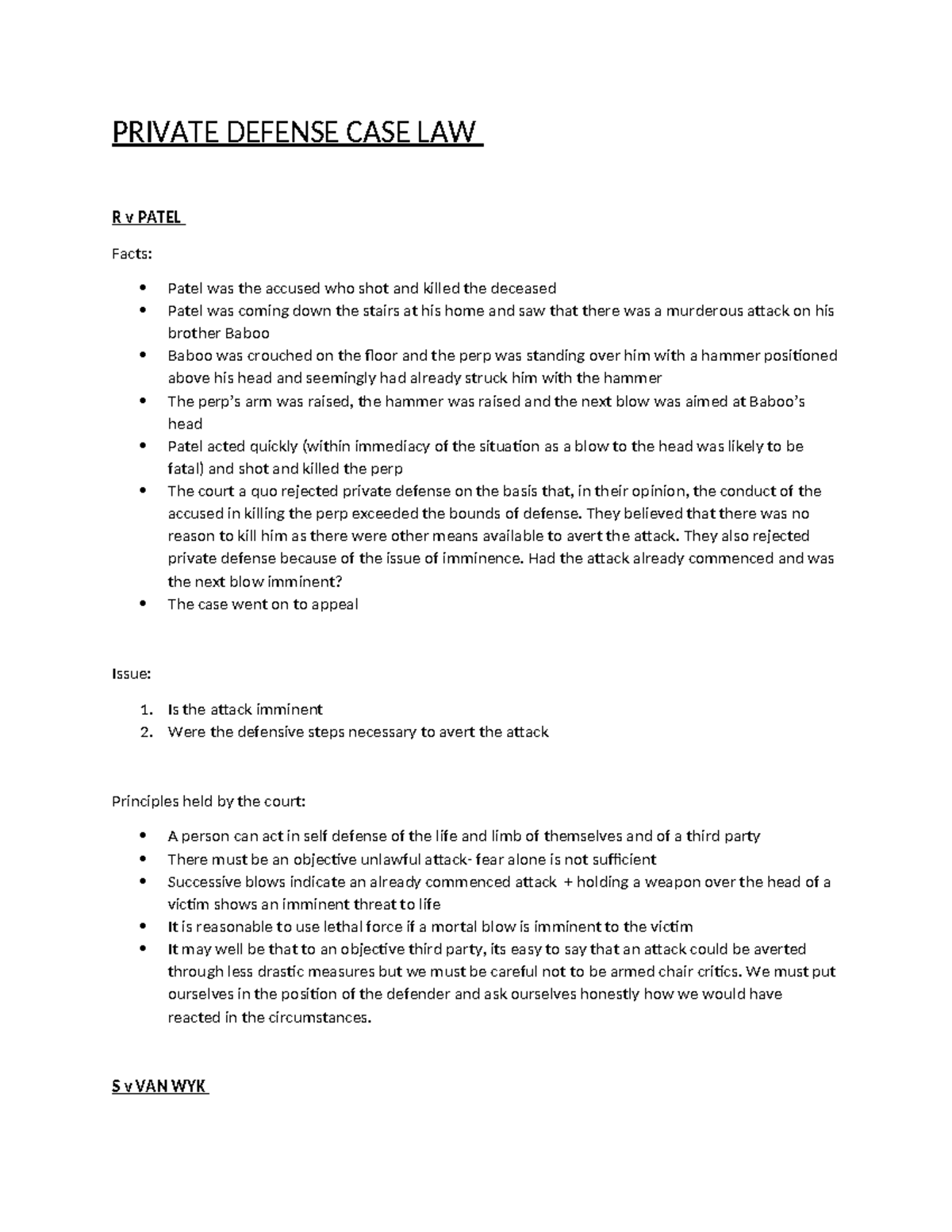 Private Defense Case Law Analysis: Key Principles and Cases - Studocu