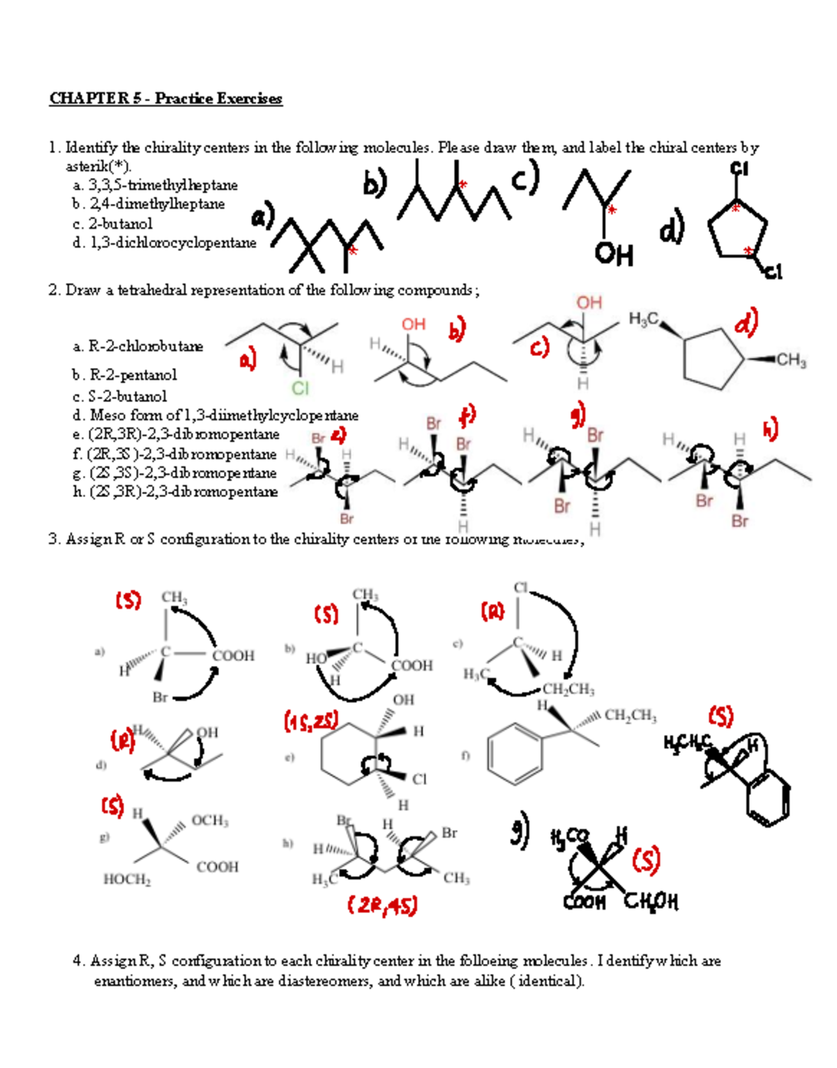 CH 5 Practice Exercises: Chirality Centers & Isomer Configurations - Studocu