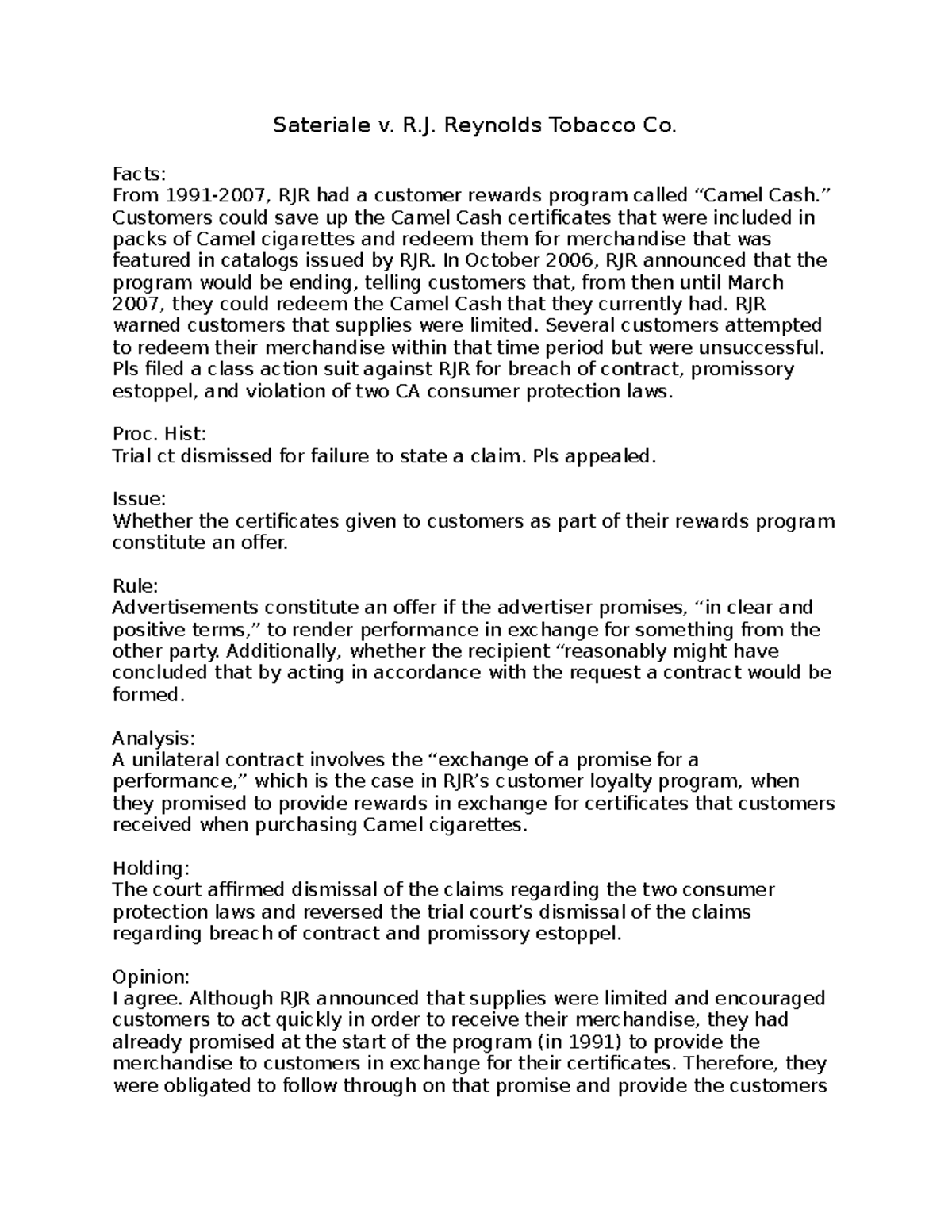 Sateriale v. R.J. Reynolds: Class Action & Breach of Contract Analysis