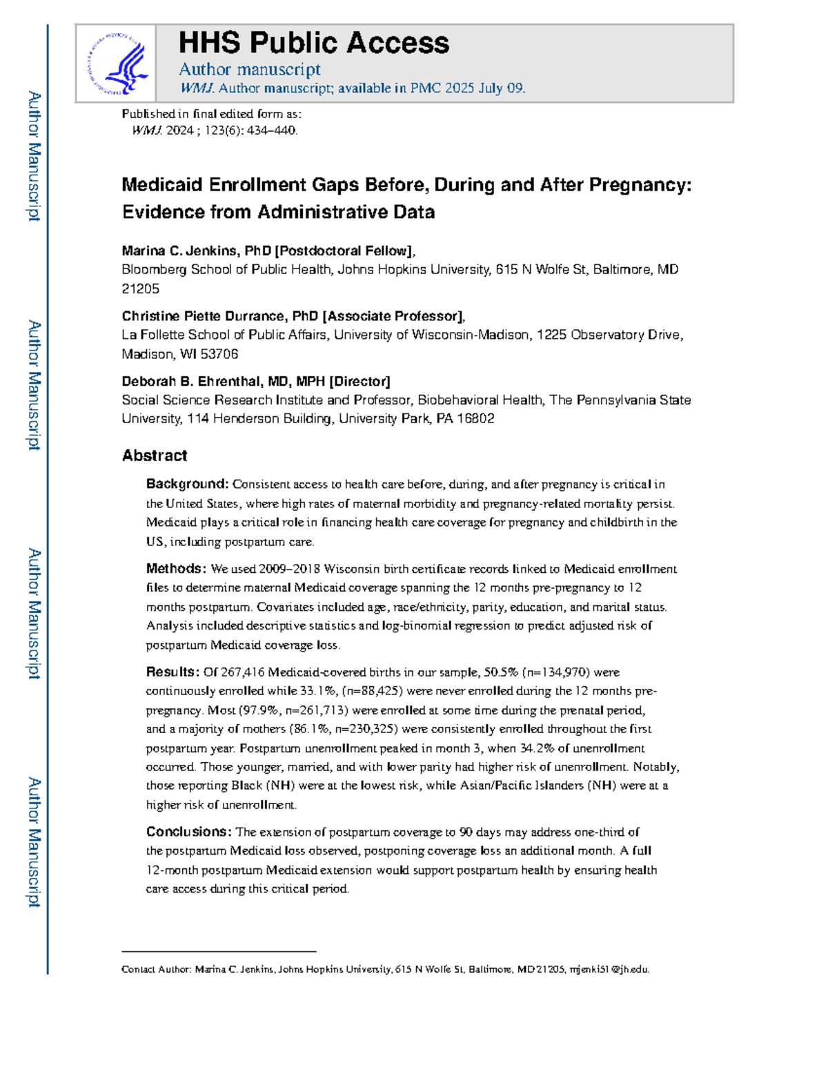 Medicaid Enrollment Gaps Pre, During & Post Pregnancy: Evidence from WI ...