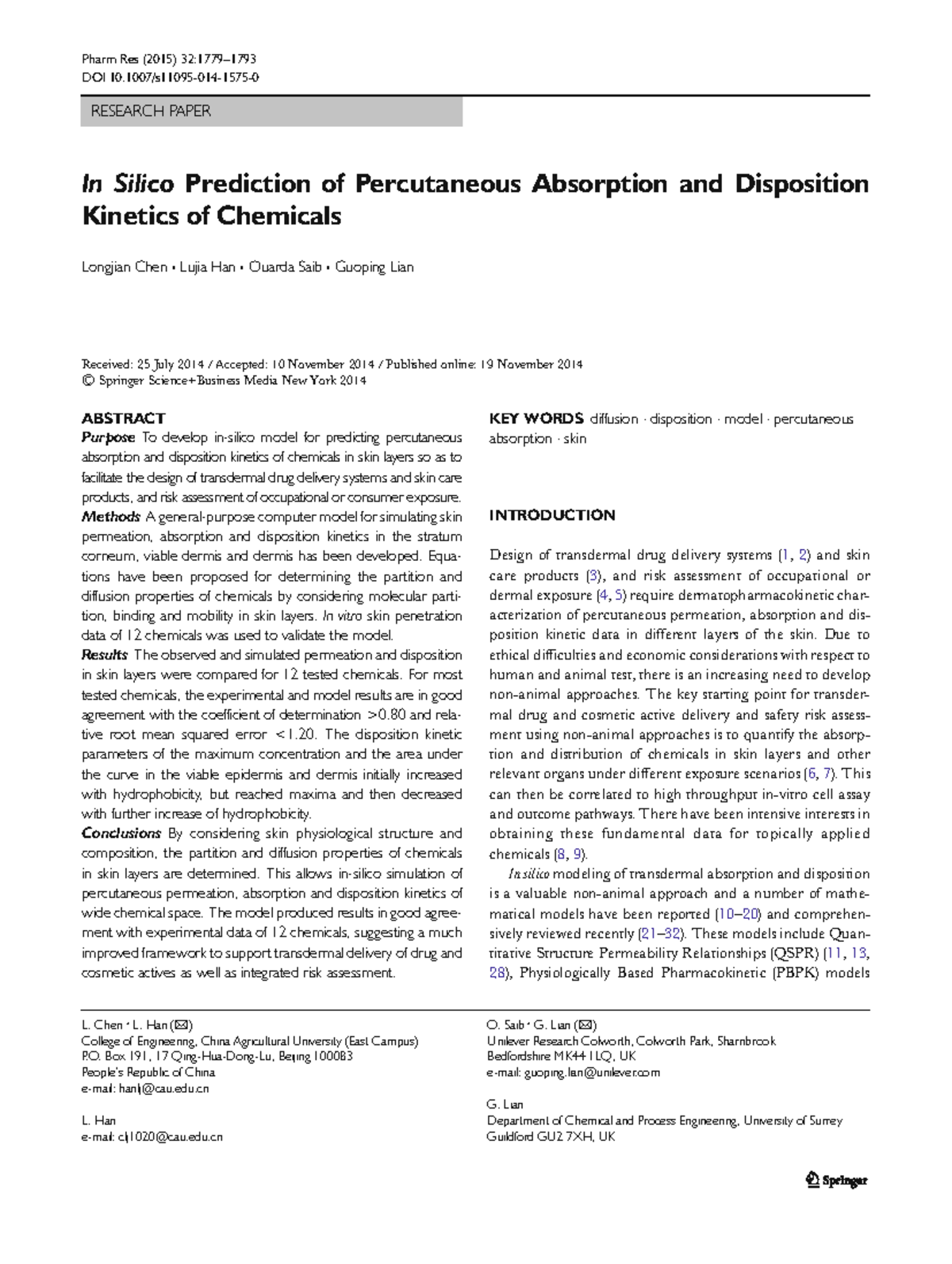 In Silico Model for Predicting Skin Absorption Kinetics of Chemicals ...