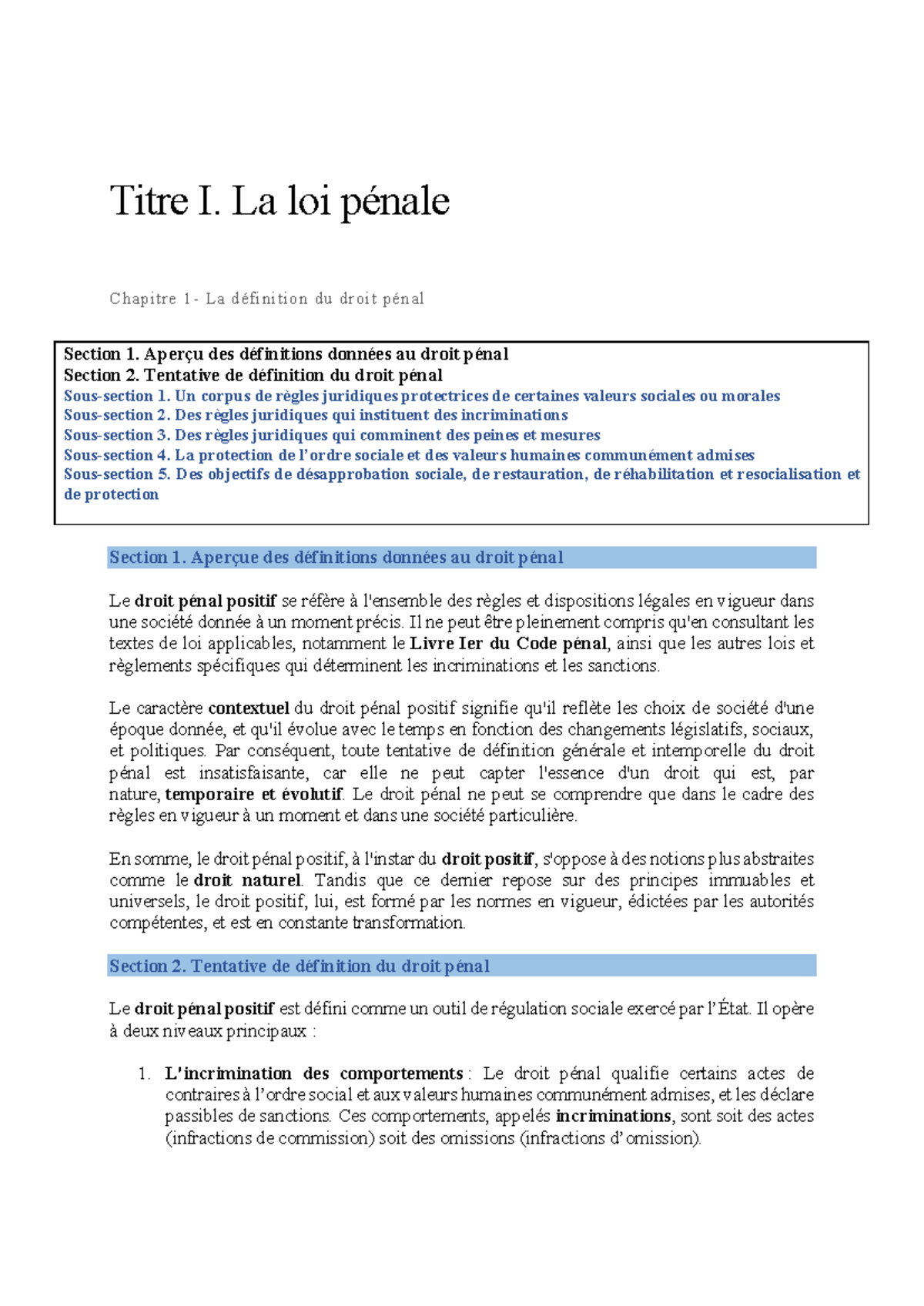 Chapitre 1 - La Définition du Droit Pénal et ses Enjeux - Studocu