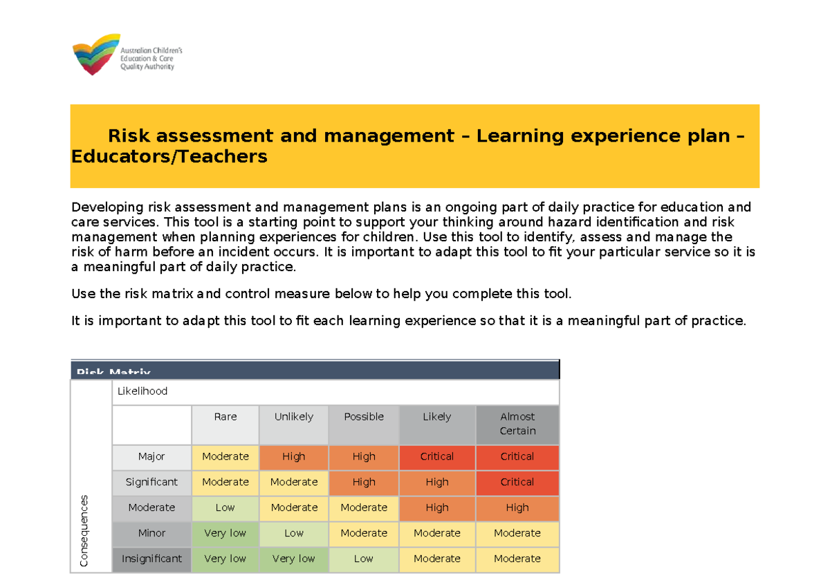 RAM Template: Experience Plan for Risk Assessment & Management - Studocu