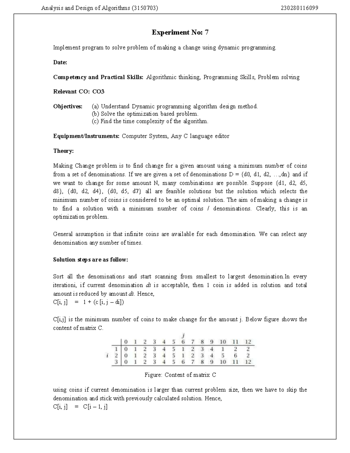 Dynamic Programming for Making Change Problem (3150703) - Studocu