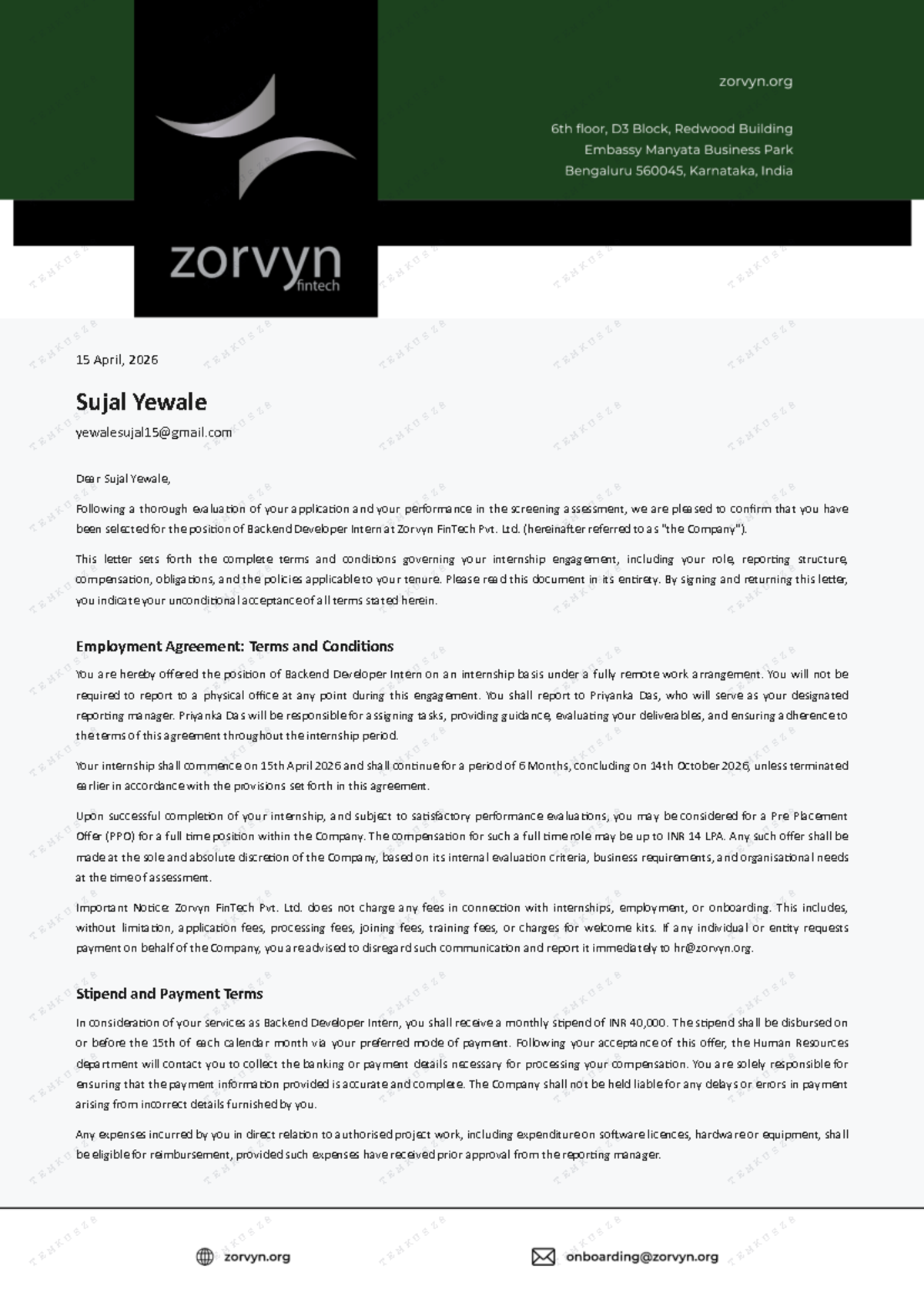 Zorvyn FinTech Pvt. Ltd. Internship Offer Letter - Backend Developer ...