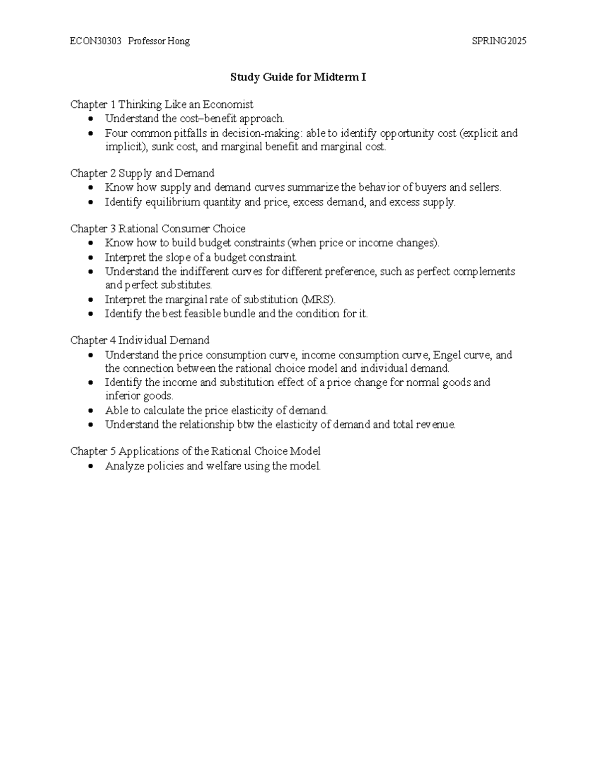 ECON30303 Study Guide for Midterm I: Key Concepts & Applications - Studocu