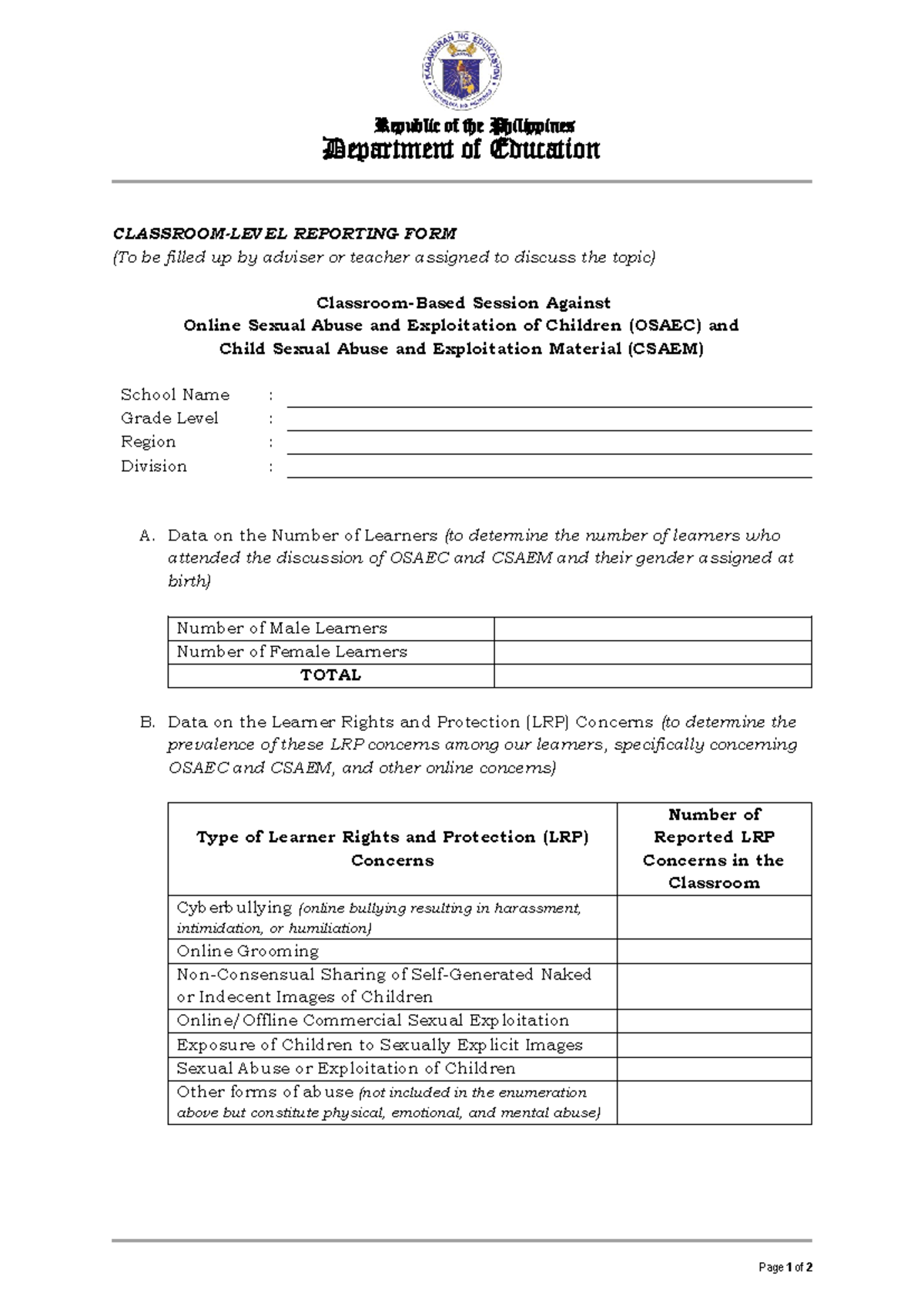 OSAEC & CSAEM Reporting Form for Learner Rights - Classroom Use - Studocu