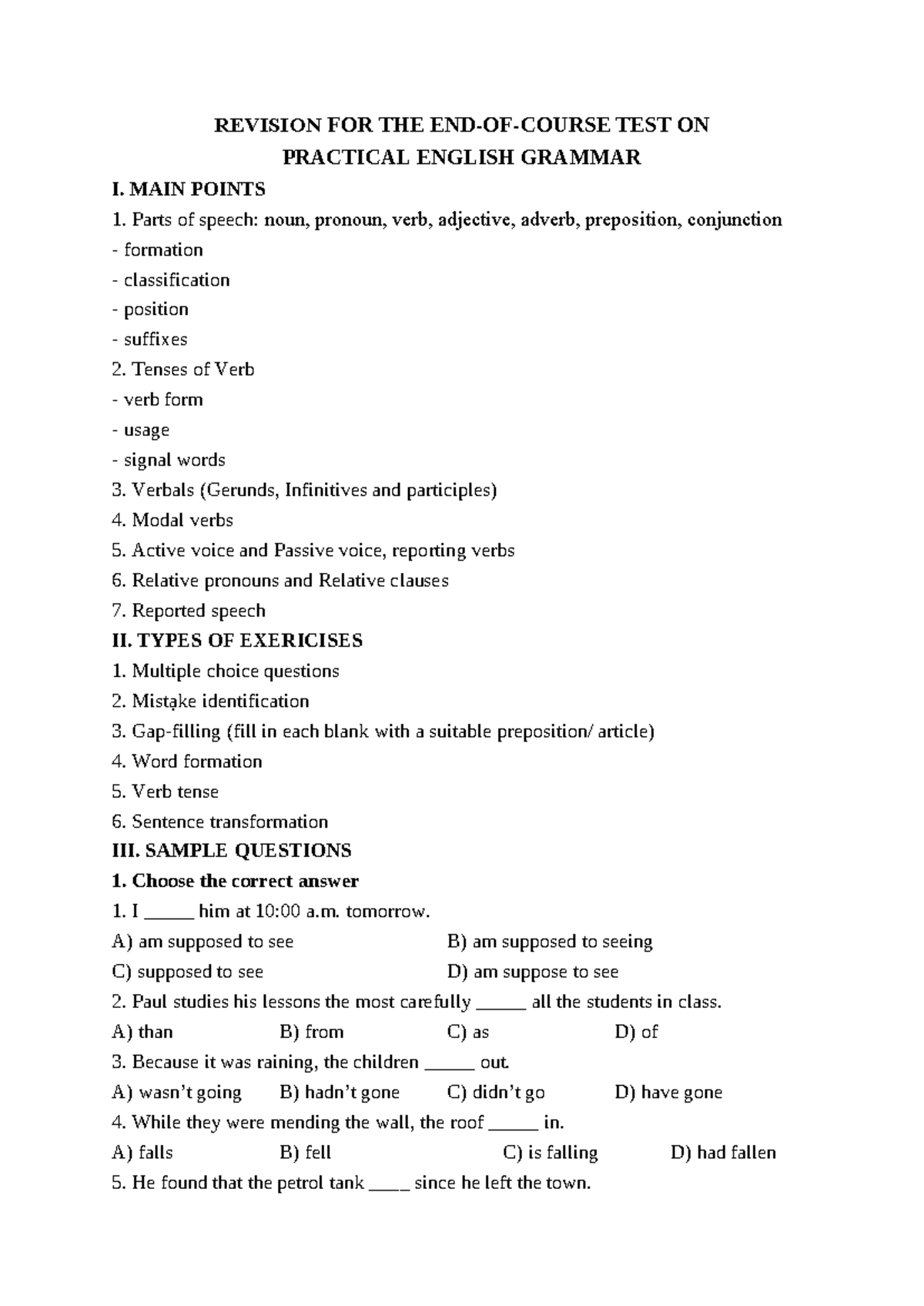 REVISION FOR TEST ON PRACTICAL ENGLISH GRAMMAR I - Studocu