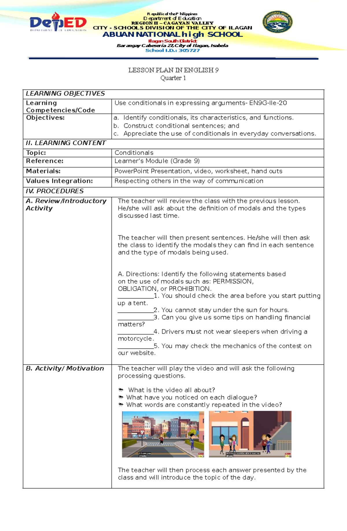 COT 1 - Lesson Plan on Conditionals for English 9 - Studocu